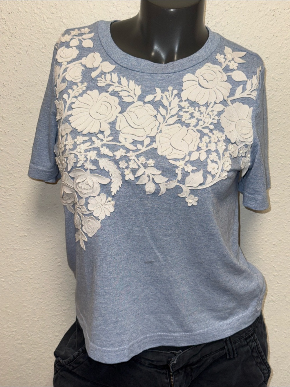 Pale Blue Floral Appliqué Short Sleeve Top by Pankaj & Nidhi